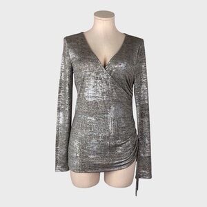Trouve Metallic Silver Foil Ruched Surplice Top